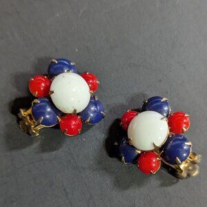 Vintage Red White & Blue Beaded Clip-On Earrings Gold Tone Finish Retro Style
